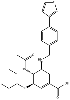 1-Cyclohexene-1-carboxylic acid, 4-(acetylamino)-3-(1-ethylpropoxy)-5-[[[4-(3-thienyl)phenyl]methyl]amino]-, (3R,4R,5S)- Struktur