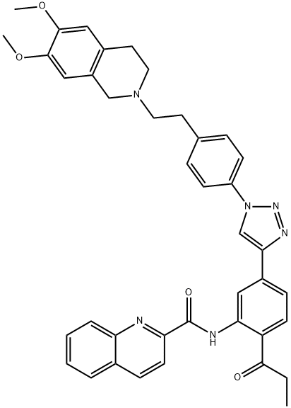 2-Quinolinecarboxamide, N-[5-[1-[4-[2-(3,4-dihydro-6,7-dimethoxy-2(1H)-isoquinolinyl)ethyl]phenyl]-1H-1,2,3-triazol-4-yl]-2-(1-oxopropyl)phenyl]- Struktur