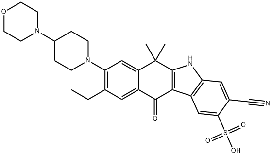 3-Cyano-9-ethyl-6,11-dihydro-6,6-dimethyl-8-[4-(4-morpholinyl)-1-piperidinyl]-11-oxo-5H-benzo[b]carbazole-2-sulfonic acid Struktur