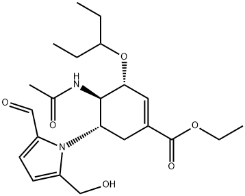 1-Cyclohexene-1-carboxylic acid, 4-(acetylamino)-3-(1-ethylpropoxy)-5-[2-formyl-5-(hydroxymethyl)-1H-pyrrol-1-yl]-, ethyl ester, (3R,4R,5S)- Struktur