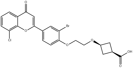 Cyclobutanecarboxylic acid, 3-[2-[2-bromo-4-(8-chloro-4-oxo-4H-1-benzopyran-2-yl)phenoxy]ethoxy]-, cis- Struktur