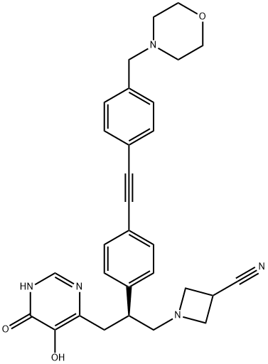 3-Azetidinecarbonitrile, 1-[(2S)-3-(1,6-dihydro-5-hydroxy-6-oxo-4-pyrimidinyl)-2-[4-[2-[4-(4-morpholinylmethyl)phenyl]ethynyl]phenyl]propyl]- Struktur