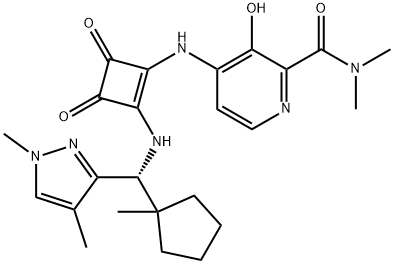 2-Pyridinecarboxamide, 4-[[2-[[(R)-(1,4-dimethyl-1H-pyrazol-3-yl)(1-methylcyclopentyl)methyl]amino]-3,4-dioxo-1-cyclobuten-1-yl]amino]-3-hydroxy-N,N-dimethyl- Struktur