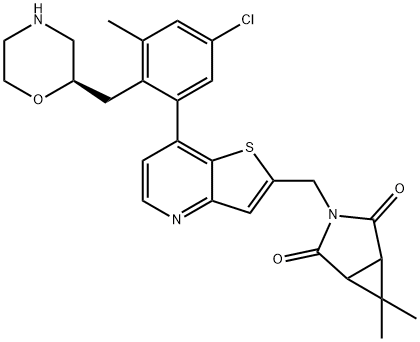 3-Azabicyclo[3.1.0]hexane-2,4-dione, 3-[[7-[5-chloro-3-methyl-2-[(2R)-2-morpholinylmethyl]phenyl]thieno[3,2-b]pyridin-2-yl]methyl]-6,6-dimethyl- Struktur