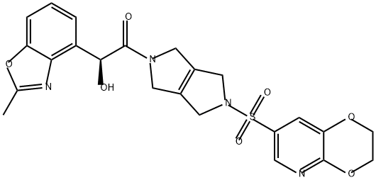 Ethanone, 1-[5-[(2,3-dihydro-1,4-dioxino[2,3-b]pyridin-7-yl)sulfonyl]-3,4,5,6-tetrahydropyrrolo[3,4-c]pyrrol-2(1H)-yl]-2-hydroxy-2-(2-methyl-4-benzoxazolyl)-, (2S)- Struktur