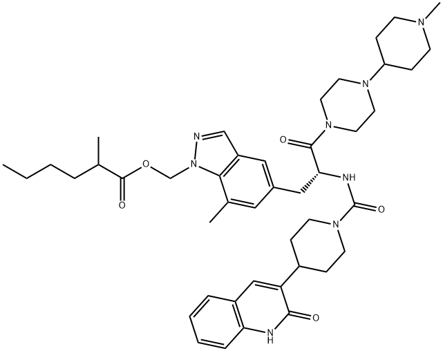 [5-[(2R)-2-[[[4-(1,2-Dihydro-2-oxo-3-quinolinyl)-1-piperidinyl]carbonyl]amino]-3-[4-(1-methyl-4-piperidinyl)-1-piperazinyl]-3-oxopropyl]-7-methyl-1H-indazol-1-yl]methyl 2-methylhexanoate Struktur