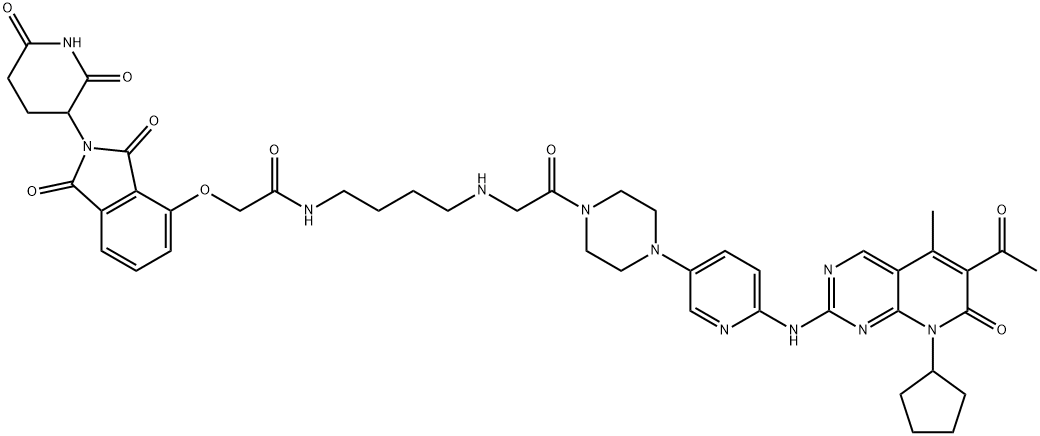 Acetamide, N-[4-[[2-[4-[6-[(6-acetyl-8-cyclopentyl-7,8-dihydro-5-methyl-7-oxopyrido[2,3-d]pyrimidin-2-yl)amino]-3-pyridinyl]-1-piperazinyl]-2-oxoethyl]amino]butyl]-2-[[2-(2,6-dioxo-3-piperidinyl)-2,3-dihydro-1,3-dioxo-1H-isoindol-4-yl]oxy]- Struktur