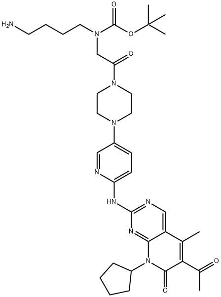 tert-butyl (2-(4-(6-((6-acetyl-8-cyclopentyl-5-methyl-7-oxo-7,8-dihydropyrido[2,3-d]pyrimidin-2-yl)amino)pyridin-3-yl)piperazin-1-yl)-2-oxoethyl)(4-aminobutyl)carbamate Struktur