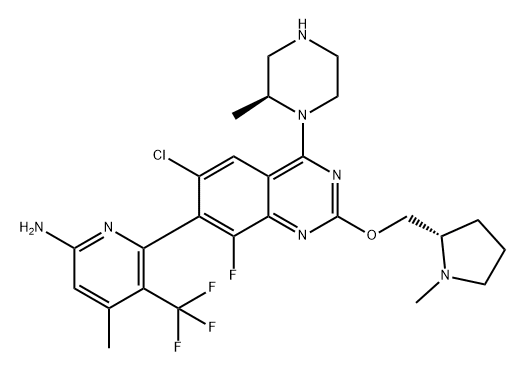 2-Pyridinamine, 6-[6-chloro-8-fluoro-4-[(2S)-2-methyl-1-piperazinyl]-2-[[(2S)-1-methyl-2-pyrrolidinyl]methoxy]-7-quinazolinyl]-4-methyl-5-(trifluoromethyl)- Struktur