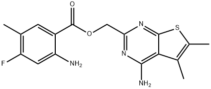 Benzoic acid, 2-amino-4-fluoro-5-methyl-, (4-amino-5,6-dimethylthieno[2,3-d]pyrimidin-2-yl)methyl ester Struktur