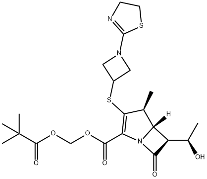 1-Azabicyclo[3.2.0]hept-2-ene-2-carboxylic acid, 3-[[1-(4,5-dihydro-2-thiazolyl)-3-azetidinyl]thio]-6-[(1R)-1-hydroxyethyl]-4-methyl-7-oxo-, (2,2-dimethyl-1-oxopropoxy)methyl ester, (4S,5S,6S)- Struktur