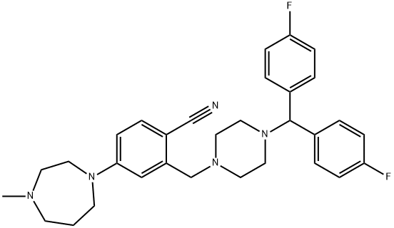 Benzonitrile, 2-[[4-[bis(4-fluorophenyl)methyl]-1-piperazinyl]methyl]-4-(hexahydro-4-methyl-1H-1,4-diazepin-1-yl)- Struktur