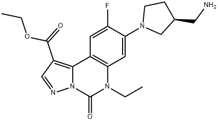 Pyrazolo[1,5-c]quinazoline-1-carboxylic acid, 8-[(3S)-3-(aminomethyl)-1-pyrrolidinyl]-6-ethyl-9-fluoro-5,6-dihydro-5-oxo-, ethyl ester Struktur