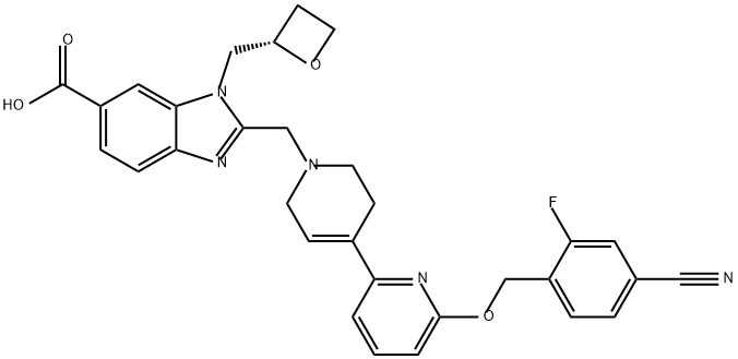 1H-Benzimidazole-6-carboxylic acid, 2-[[6-[(4-cyano-2-fluorophenyl)methoxy]-3',6'-dihydro[2,4'-bipyridin]-1'(2'H)-yl]methyl]-1-[(2S)-2-oxetanylmethyl]- Struktur