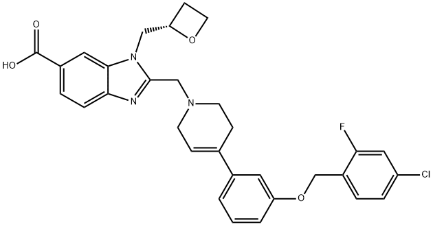 1H-Benzimidazole-6-carboxylic acid, 2-[[4-[3-[(4-chloro-2-fluorophenyl)methoxy]phenyl]-3,6-dihydro-1(2H)-pyridinyl]methyl]-1-[(2S)-2-oxetanylmethyl]- Struktur