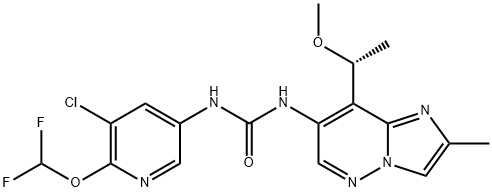 Urea, N-[5-chloro-6-(difluoromethoxy)-3-pyridinyl]-N'-[8-[(1R)-1-methoxyethyl]-2-methylimidazo[1,2-b]pyridazin-7-yl]- Struktur