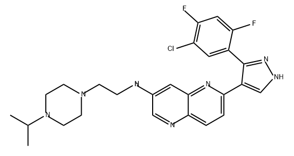 1,5-Naphthyridin-3-amine, 6-[3-(5-chloro-2,4-difluorophenyl)-1H-pyrazol-4-yl]-N-[2-[4-(1-methylethyl)-1-piperazinyl]ethyl]- Struktur