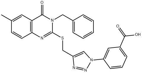 Benzoic acid, 3-[4-[[[3,4-dihydro-6-methyl-4-oxo-3-(phenylmethyl)-2-quinazolinyl]thio]methyl]-1H-1,2,3-triazol-1-yl]- Struktur