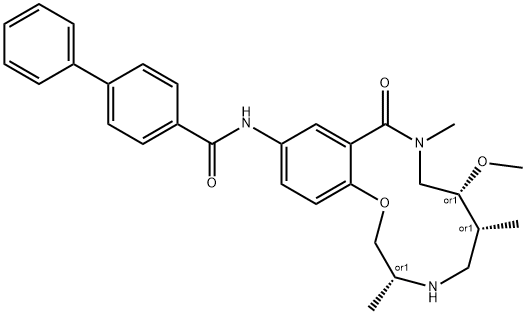 [1,?1'-?Biphenyl]?-?4-?carboxamide, N-?[(3R,?6R,?7R)?-?3,?4,?5,?6,?7,?8,?9,?10-?octahydro-?7-?methoxy-?3,?6,?9-?trimethyl-?10-?oxo-?2H-?1,?4,?9-?benzoxadiazacyclodod?ecin-?12-?yl]?-?, rel- Struktur