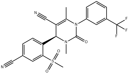 5-Pyrimidinecarbonitrile, 4-[4-cyano-2-(methylsulfonyl)phenyl]-1,2,3,4-tetrahydro-3,6-dimethyl-2-oxo-1-[3-(trifluoromethyl)phenyl]-, (4R)- Struktur