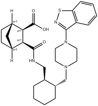 Bicyclo[2.2.1]?heptane-?2-?carboxylic acid, 3-?[[[[(1R,?2R)?-?2-?[[4-?(1,?2-?benzisothiazol-?3-?yl)?-?1-?piperazinyl]?methyl]?cyclohexyl]?methyl]?amino]?carbonyl]?-?, (1S,?2R,?3S,?4R)?-?rel- Struktur