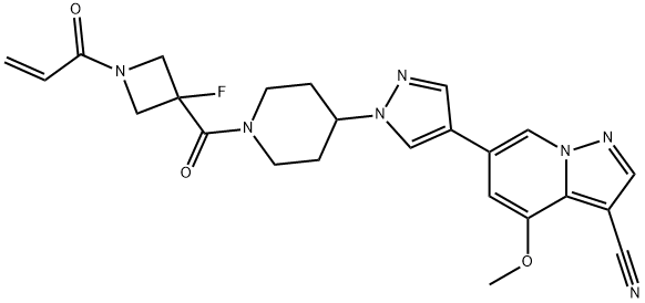 Pyrazolo[1,5-a]pyridine-3-carbonitrile, 6-[1-[1-[[3-fluoro-1-(1-oxo-2-propen-1-yl)-3-azetidinyl]carbonyl]-4-piperidinyl]-1H-pyrazol-4-yl]-4-methoxy- Struktur