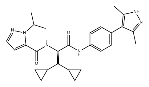 1H-Pyrazole-5-carboxamide, N-[(1R)-2,2-dicyclopropyl-1-[[[4-(3,5-dimethyl-1H-pyrazol-4-yl)phenyl]amino]carbonyl]ethyl]-1-(1-methylethyl)- Struktur