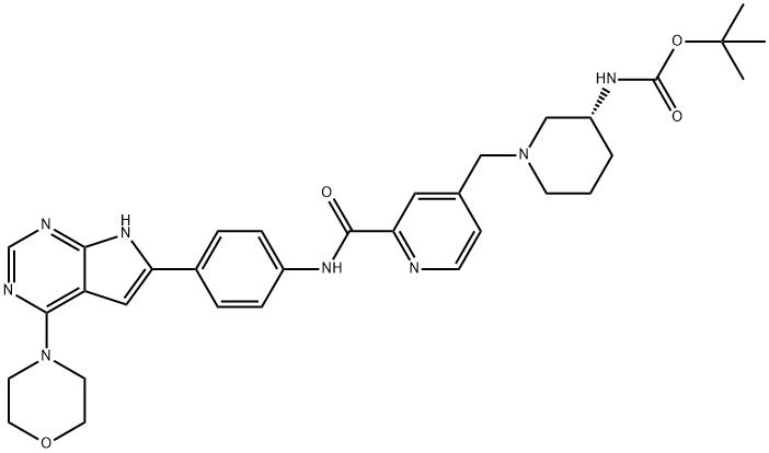 Carbamic acid, N-[(3R)-1-[[2-[[[4-[4-(4-morpholinyl)-7H-pyrrolo[2,3-d]pyrimidin-6-yl]phenyl]amino]carbonyl]-4-pyridinyl]methyl]-3-piperidinyl]-, 1,1-dimethylethyl ester Struktur