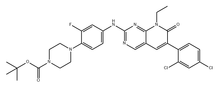 1-Piperazinecarboxylic acid, 4-[4-[[6-(2,4-dichlorophenyl)-8-ethyl-7,8-dihydro-7-oxopyrido[2,3-d]pyrimidin-2-yl]amino]-2-fluorophenyl]-, 1,1-dimethylethyl ester Struktur