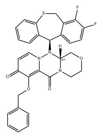 1H-[1,4]Oxazino[3,4-c]pyrido[2,1-f][1,2,4]triazine-6,8-dione, 12-[(11R)-7,8-difluoro-6,11-dihydrodibenzo[b,e]thiepin-11-yl]-3,4,12,12a-tetrahydro-7-(phenylmethoxy)-, (12aR)-rel- Struktur