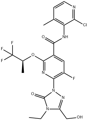 3-Pyridinecarboxamide, N-(2-chloro-4-methyl-3-pyridinyl)-6-[4-ethyl-4,5-dihydro-3-(hydroxymethyl)-5-oxo-1H-1,2,4-triazol-1-yl]-5-fluoro-2-[(1S)-2,2,2-trifluoro-1-methylethoxy]- Struktur