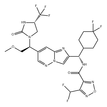 1,2,5-Oxadiazole-3-carboxamide, N-[(S)-(4,4-difluorocyclohexyl)[7-[(1S)-2-methoxy-1-[(4S)-2-oxo-4-(trifluoromethyl)-1-imidazolidinyl]ethyl]imidazo[1,2-b]pyridazin-2-yl]methyl]-4-(difluoromethyl)- Struktur