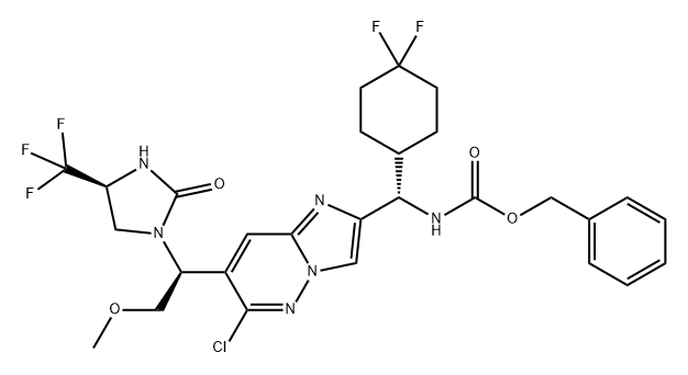 Carbamic acid, N-[(S)-[6-chloro-7-[(1S)-2-methoxy-1-[(4S)-2-oxo-4-(trifluoromethyl)-1-imidazolidinyl]ethyl]imidazo[1,2-b]pyridazin-2-yl](4,4-difluorocyclohexyl)methyl]-, phenylmethyl ester Struktur