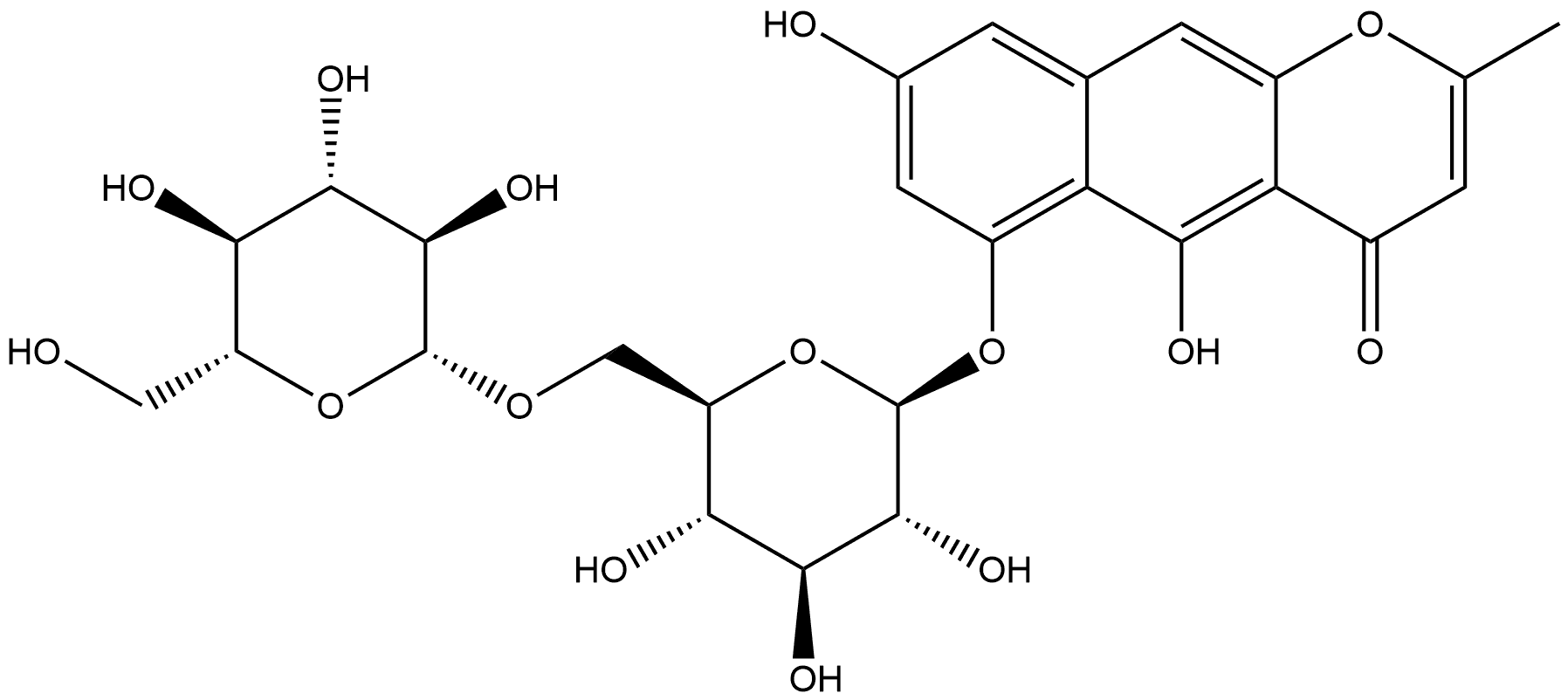 4H-Naphtho[2,3-b]pyran-4-one, 6-[(6-O-β-D-glucopyranosyl-β-D-glucopyranosyl)oxy]-5,8-dihydroxy-2-methyl- Struktur