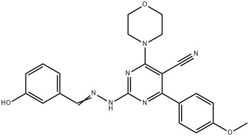 5-Pyrimidinecarbonitrile, 2-[2-[(3-hydroxyphenyl)methylene]hydrazinyl]-4-(4-methoxyphenyl)-6-(4-morpholinyl)- Struktur