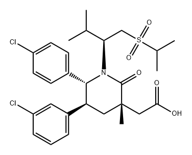 3-Piperidineacetic acid, 5-(3-chlorophenyl)-6-(4-chlorophenyl)-3-methyl-1-[(1S)-2-methyl-1-[[(1-methylethyl)sulfonyl]methyl]propyl]-2-oxo-, (3S,5S,6R)- Struktur