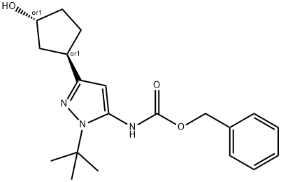 Carbamic acid, N-[1-(1,1-dimethylethyl)-3-[(1R,3R)-3-hydroxycyclopentyl]-1H-pyrazol-5-yl]-, phenylmethyl ester, rel- Struktur