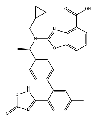 4-Benzoxazolecarboxylic acid, 2-[(cyclopropylmethyl)[(1R)-1-[2'-(2,5-dihydro-5-oxo-1,2,4-oxadiazol-3-yl)-5'-methyl[1,1'-biphenyl]-4-yl]ethyl]amino]- Struktur