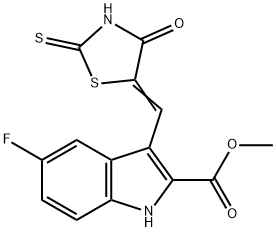 1H-Indole-2-carboxylic acid, 5-fluoro-3-[(4-oxo-2-thioxo-5-thiazolidinylidene)methyl]-, methyl ester Struktur