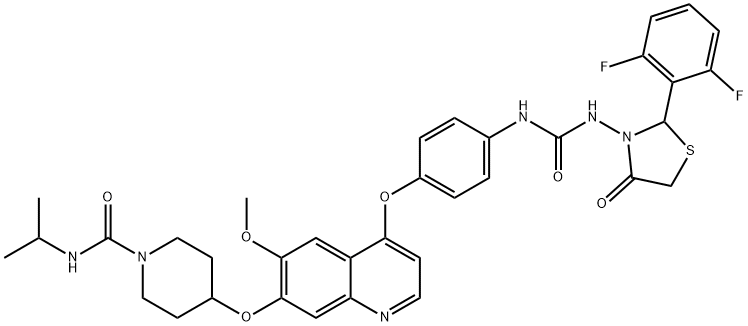 1-Piperidinecarboxamide, 4-[[4-[4-[[[[2-(2,6-difluorophenyl)-4-oxo-3-thiazolidinyl]amino]carbonyl]amino]phenoxy]-6-methoxy-7-quinolinyl]oxy]-N-(1-methylethyl)- Struktur