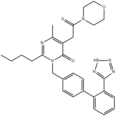 4(3H)-Pyrimidinone, 2-butyl-6-methyl-5-[2-(4-morpholinyl)-2-thioxoethyl]-3-[[2'-(2H-tetrazol-5-yl)[1,1'-biphenyl]-4-yl]methyl]- Struktur