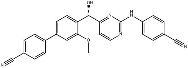 [1,1'-Biphenyl]-4-carbonitrile, 4'-[(S)-[2-[(4-cyanophenyl)amino]-4-pyrimidinyl]hydroxymethyl]-3'-methoxy- Struktur