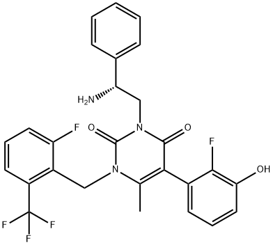 2,4(1H,3H)-Pyrimidinedione, 3-[(2R)-2-amino-2-phenylethyl]-5-(2-fluoro-3-hydroxyphenyl)-1-[[2-fluoro-6-(trifluoromethyl)phenyl]methyl]-6-methyl- Struktur