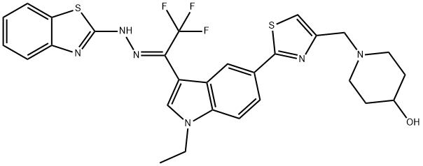 Ethanone, 1-[1-ethyl-5-[4-[(4-hydroxy-1-piperidinyl)methyl]-2-thiazolyl]-1H-indol-3-yl]-2,2,2-trifluoro-, 2-(2-benzothiazolyl)hydrazone, (1Z)- Struktur