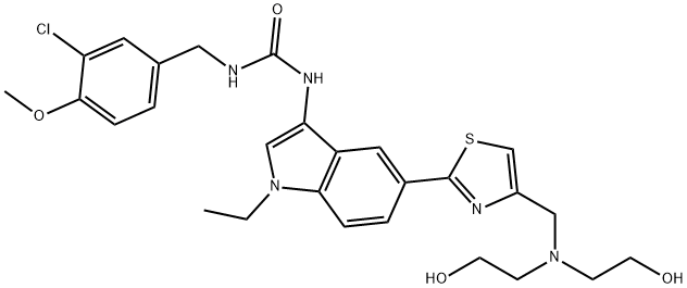 Urea, N-[5-[4-[[bis(2-hydroxyethyl)amino]methyl]-2-thiazolyl]-1-ethyl-1H-indol-3-yl]-N'-[(3-chloro-4-methoxyphenyl)methyl]- Struktur