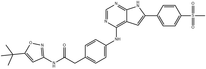 Benzeneacetamide, N-[5-(1,1-dimethylethyl)-3-isoxazolyl]-4-[[6-[4-(methylsulfonyl)phenyl]-7H-pyrrolo[2,3-d]pyrimidin-4-yl]amino]- Struktur