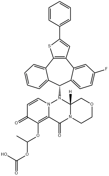 Carbonic acid, [[(12aR)-12-[(8S)-5-fluoro-2-phenyl-8H-dibenzo[3,4:6,7]cyclohepta[1,2-b]thien-8-yl]-3,4,6,8,12,12a-hexahydro-6,8-dioxo-1H-[1,4]oxazino[3,4-c]pyrido[2,1-f][1,2,4]triazin-7-yl]oxy]methyl methyl ester Struktur