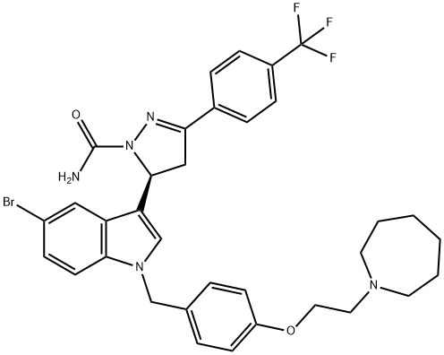 1H-Pyrazole-1-carboxamide, 5-[5-bromo-1-[[4-[2-(hexahydro-1H-azepin-1-yl)ethoxy]phenyl]methyl]-1H-indol-3-yl]-4,5-dihydro-3-[4-(trifluoromethyl)phenyl]-, (5S)- Struktur