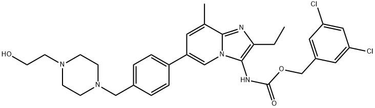 Carbamic acid, N-[2-ethyl-6-[4-[[4-(2-hydroxyethyl)-1-piperazinyl]methyl]phenyl]-8-methylimidazo[1,2-a]pyridin-3-yl]-, (3,5-dichlorophenyl)methyl ester Struktur