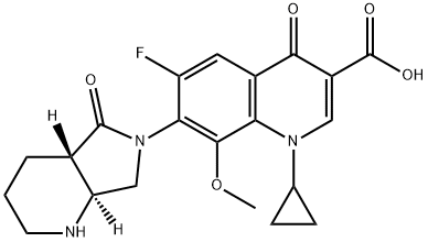 3-Quinolinecarboxylic acid, 1-cyclopropyl-6-fluoro-1,4-dihydro-8-methoxy-7-[(4aS,7aS)-octahydro-5-oxo-6H-pyrrolo[3,4-b]pyridin-6-yl]-4-oxo- Struktur